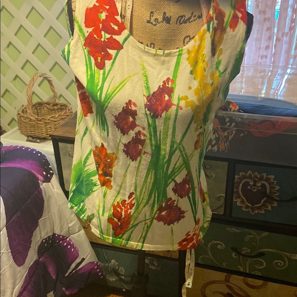 Chico's Floral Scoop Neck Tank - White with Red, Yellow & Green